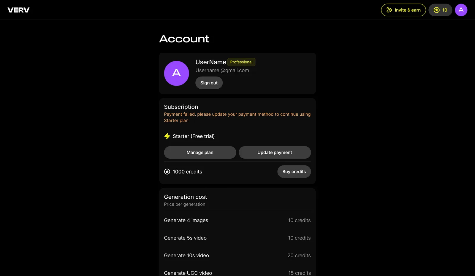 Verv account settings and referral flow